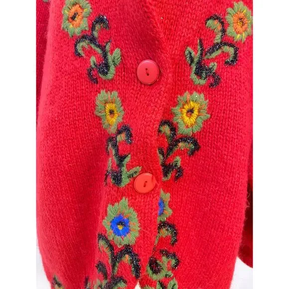 VTG Cervelle Red Bulky, Chunky, Shawl Collar Cardigan, Puff Sleeves, Wool Med - Picture 3 of 8